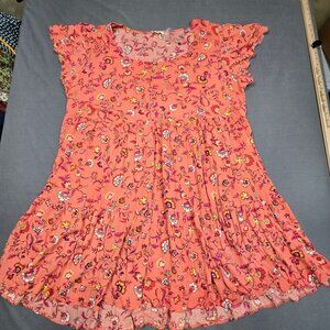Easel Coral Floral Dress 2X Short Flutter Sleeve Cottage Core Boho NEW
